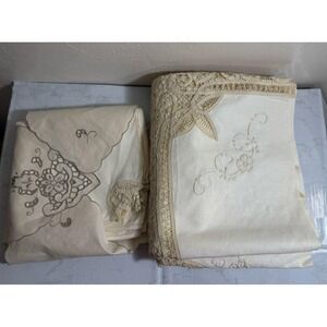 New Vintage Shanghai‎ Hand Flower Embroidery Table Cloth Set 12 Napkins Beige L